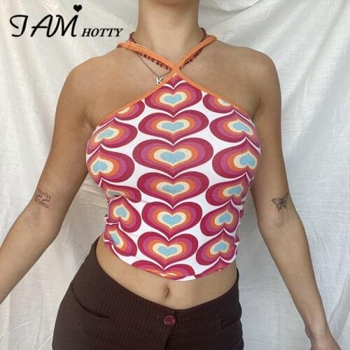Cute Red Heart Graphics Print Y2K Crop Top Women Sexy Cross Bandage Halter Camis Summer Vintage Beach Party Clubwear Iamhotty