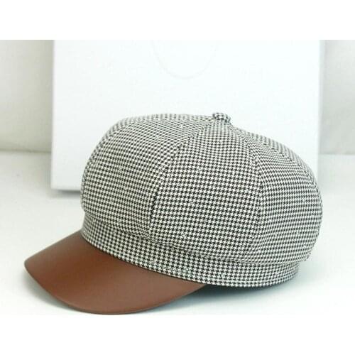 2021 New Octagonal Hats For Women Korean Fashion Beret Patchwork PU Houndstooth Casual Hat Autumn Winter Ladies Cap