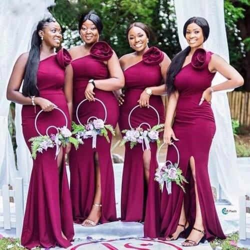 Burgundy Bridesmaid Dresses One Shoulder Floor Length Sweep Train Silk Satin Side Slit Mermaid Wedding Party Bridesmaid Dresses