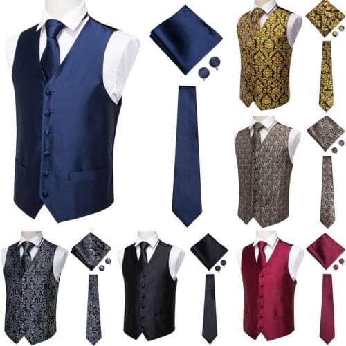 Hi-Tie Solid Blue Suit Vest Mens V-neck Sleeveless Waistcoat Vest Party wedding Tie Beckham Vest Suit Pocket Square Cufflinks