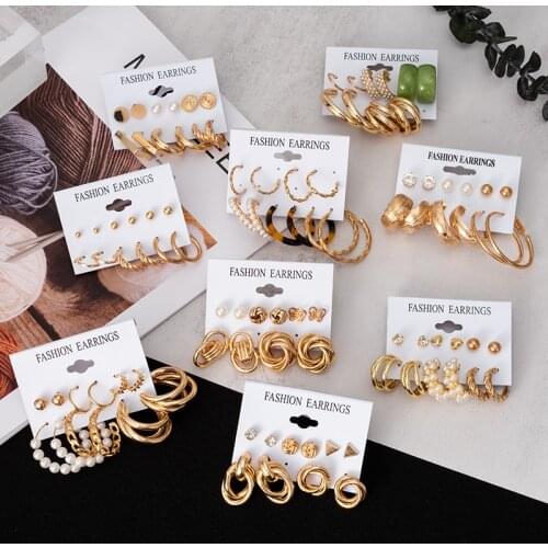 Gold Vintage Metal Hoop Earrings Set For Women Fashion Geometric Drop Round Pearl Circle Hanging Earrings 2021 Trend New Jewelry