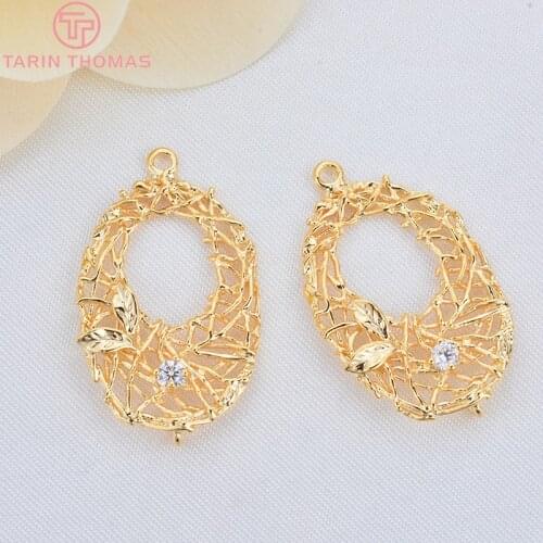 6PCS 28 *17 MM 24K Gold Color Brass With Zircon Oval Vine Charms Pendant High Quality Diy Jewelry Accessories