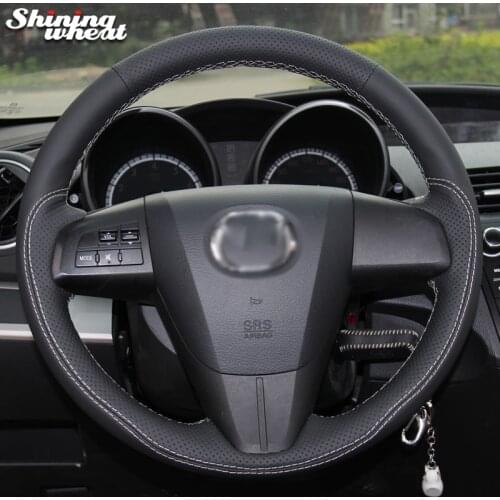 Shining wheat Black Genuine Leather White Thread Car Steering Wheel Cover for Mazda 3 Axela 2008-2013 Mazda CX-7 CX7 Mazda 5
