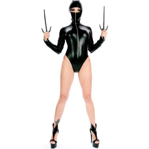 New Women Faux Leather Long Sleeve Covered Face Bodysuit Ninja Cosplay Halloween Costume