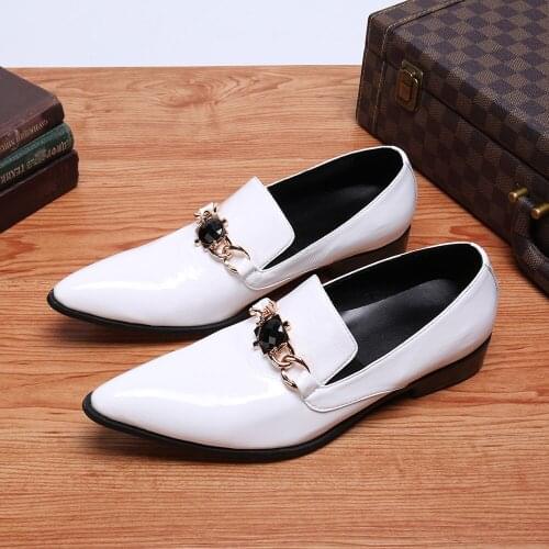 Christia Bella Fashion Crystal Chain Genuine Leather Men Business Shoes Plus Size Slip on Metal Pointed Toe Formal Dress Shoes