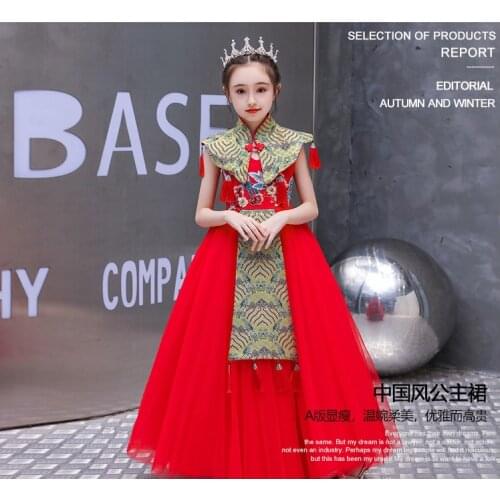 Red Satin Children Princess Dress Cheongsam Kids Girl Traditional Chinese New Year Costume Piano Tassel Qipao Wedding Party Gown