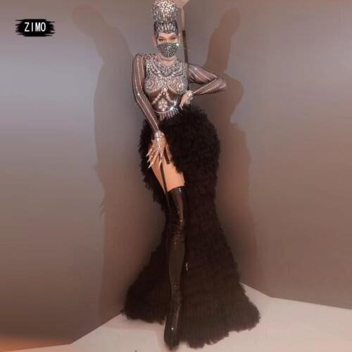 Drag queen costumes with tail fashion Rhinestone black Bodysuits long sleeve Women club concert outfits Stage Singer Show dance