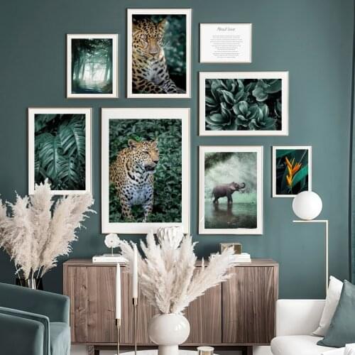 Jungle Leopard Elephant Tropical Bird Green Plant Nordic Poster Wall Art Print Canvas Painting Decor Pictures For Living Room