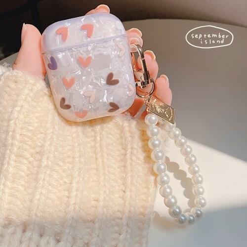 Glossy Love Shell Pearl Bracelet Keychain soft Case for Apple Airpods 1 2 AirPods Pro Case Bluetooth Earphone Accessories Box