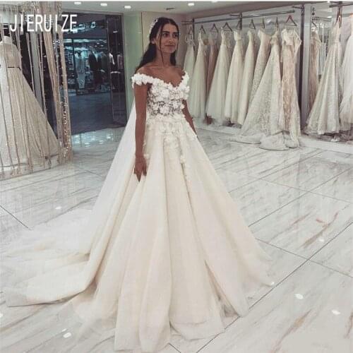 JIERUIZE Vintage A Line Wedding Dresses Off the Shoulder V Neck 3D Flower Boho Backless Bridal Wedding Gowns vestido de noiva
