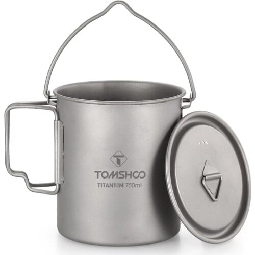 TOMSHOO 750ml Titanium Pot Titanium Water Mug Cup with Lid and Foldable Handle Outdoor Camping Pot Cooking Pots Picnic Hang Pot