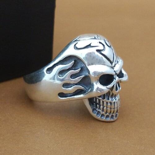 100%S925 pure silver ornaments hand Thai silver ring flame skull ring male money personality
