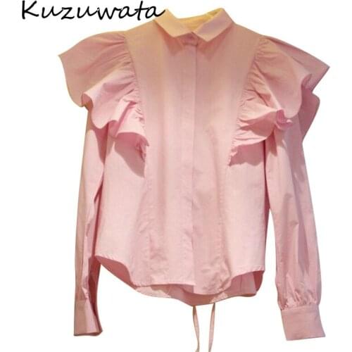 Kuzuwata Spring Chic Ruffles Patchwork Shirts Korean Style Turn Down Collar Drawstring Blusas Sweet Preppy Style Women Blouse