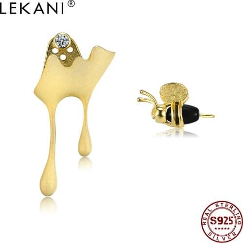 LEKANI 925 Sterling Silver Jewelry Cute Gold Color Bee And Clear CZ Water drop Honey Asymmetric Stud Earrings For Women Gift
