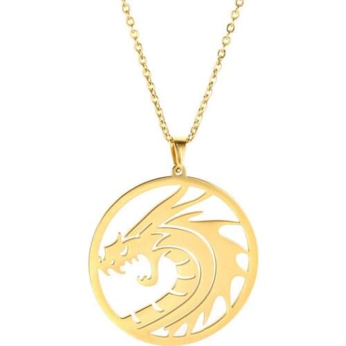 Mythical Stainless Steel Dragon Pendant Animal Totem Talisman Gold Colour Necklace Fashion Jewelry for Men and Women
