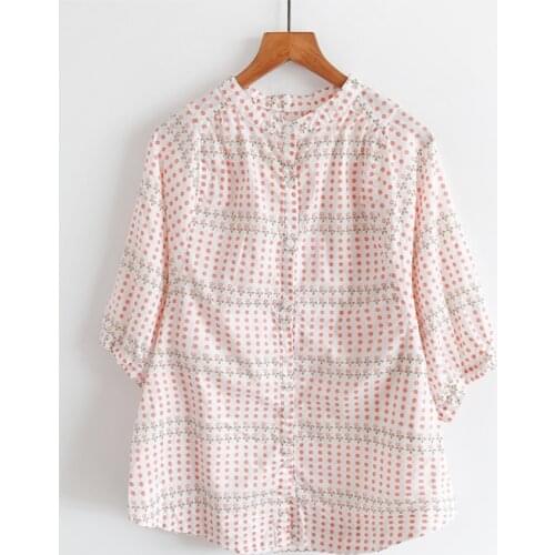 2020 New Summer Women Blouse Cotton Literary Fresh Polka Dot Print Lantern Sleeve Stand Collar Loose Casual Shirts Women