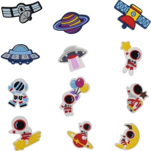 Wholesale 100pcs New UFO/Planet/Astronaut Croc Charm Shoe Decoration Soft DIY PVC Shoe Accessory Fit Wrisband Beach Sandals