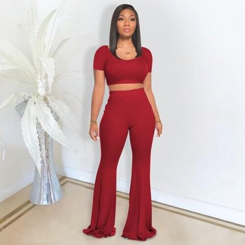 ZKYZWX Sexy Solid Color Short Sleeve Tops and Shoulder Flare Long Pants Two Piece Sets for Women Lounge Wear Fashion Streetwear