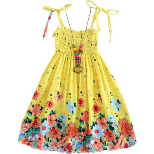 Casual Baby Girls Dress with Necklace Sleeveless Floral Print Strap Kids Dress For Girls Clothes Toddler Sundress