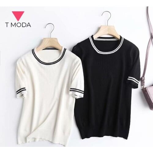 T MODA 2021 Summer Women Fashion O neck Hollow Slim Pullover Knitted T shirt Female Short Sleeve Thin Women Tshirt Tee Tops