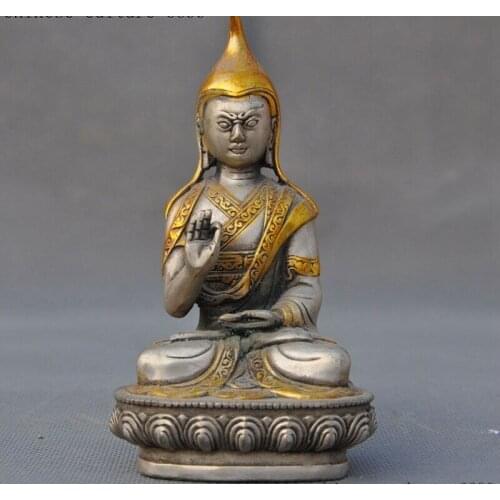 Tibet Buddhism Tibetan silver Gilt Je Tsongkhapa master Guru Lama Buddha statue