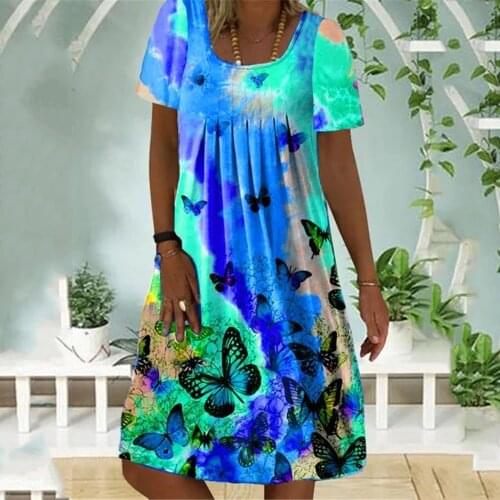 Vintage Dresses For Women Casual Women Fashion Dazzling Butterfly Print Round Neck Short Sleeve Dress Платья Летние Лёгкие Robe