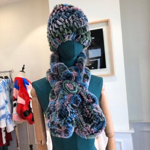 2021 Knitted Winter Rex Rabbit Fur Hats Scarves Women Fashion 100% Genuine Fur Caps Scarves Sets