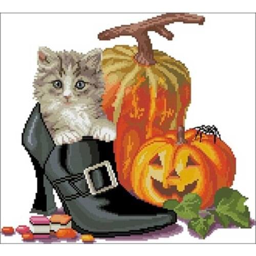 Kitten in shoe and Halloween pumpkin Counted Cross Stitch 11CT 14CT 18CT DIY Cross Stitch Kits Embroidery Needlework Sets