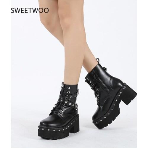Sweetwoo women Lace Up Motorcycle Boots Female Round Toe Chunky Platform High Heel Ankle Boots Gothic Style Spring 2021