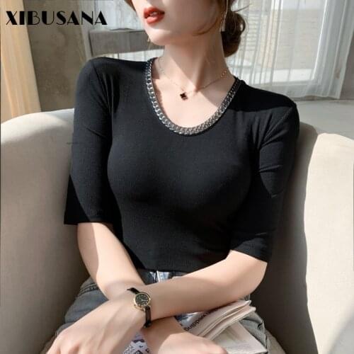 Summer Elegant Solid Half Sleeve Knitted Tees Women Lace Patchwork O-Neck T-shirts Female Slim Elastic Bottoming Tops Pullovers