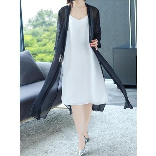 2020 Summer Women Chiffon Long Cardigan V-Neck Solid Loose Tops Blouses Plus Size OL Shirts M-8XL Black White Red