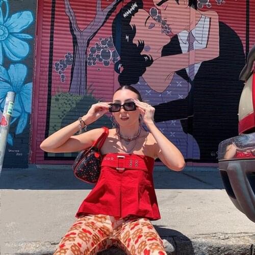 Women Tube Vest with Metal Decorative Buckle Stitching Ruffles Sexy Style Summer Clothing