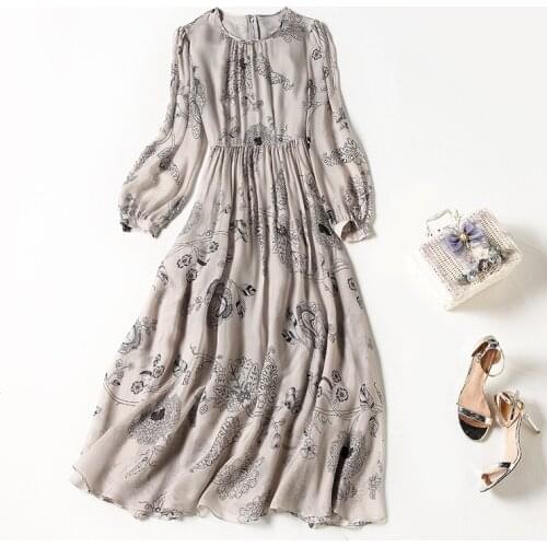 High Quality Spring Summer Dress 2021 100% Silk Dresses for Women Casual Floral Long Sleeve Dress Female Vestidos Pph3873