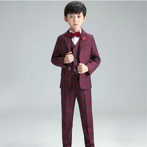 Kids Blazer Vest Shirt Pants Tie 5Pcs Set Boys Wedding Suit Children Formal Tuxedo Performance Host Dance Party Dress Costume