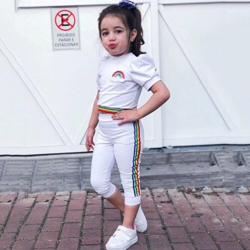2020 Summer Kids Girls Clothes Toddler Baby Girls Rainbow Striped Print T-shirts Tops + Long Pants Leggings Tracksuits Suits