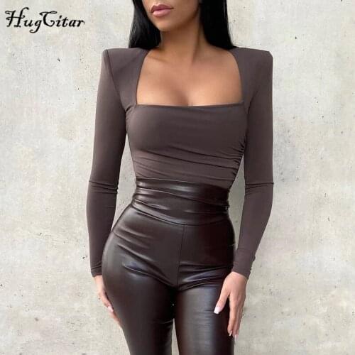 Hugcitar 2020 Long Sleeve Solid Square Collar Bodycon Bodysuit Autumn Winter Women Fashion Sexy Streetwear Outfits Romper