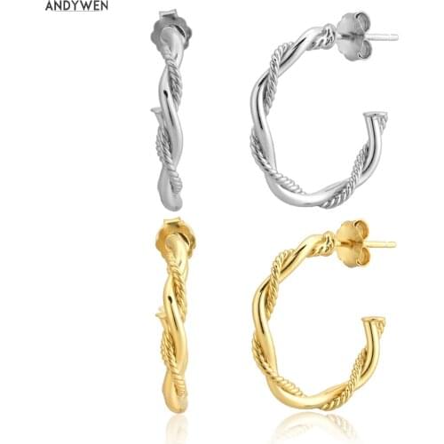 ANDYWEN 925 Sterling Silver Gold Twist Hoops Piercing Round Jewelry Ohrringe Wedding 2020 Rock Punk Fashion Luxury Jewels