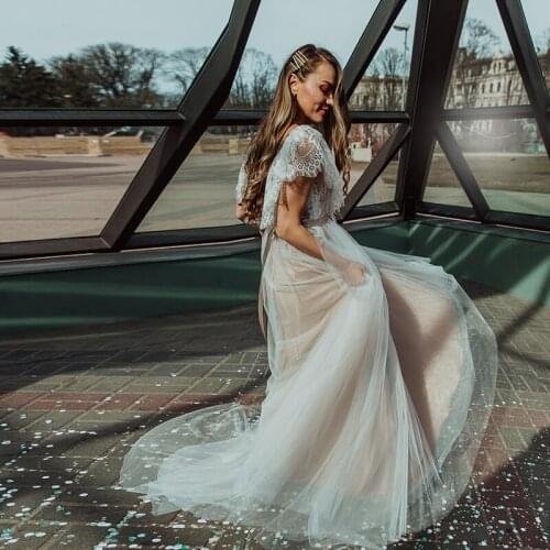 Illusion V Neck Cap Sleeve Lace Boho Wedding Bridesmaid Gown 2021 Sweep Train Beach Bridal Gown Robe De Soiree De Mariage Custom