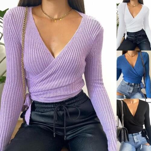 2021 Fashion Women Pullovers Slim-Fit Pullovers Knitted Tops Women Sexy V Neck Wrap Blouse Solid Color Long Sleeve Slim Ribbed K