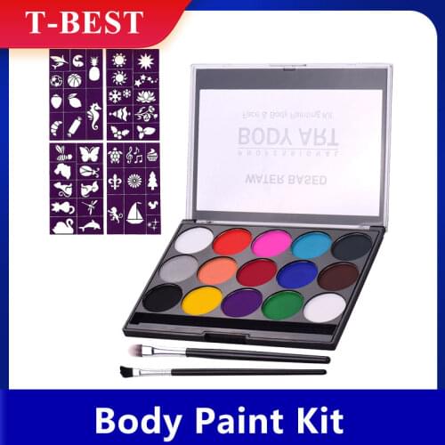 Professional Body Art Face Painting Kit Water Based Removable Body Paints 15 Colors Palette with 2 Paintbrushes and 4 Templates