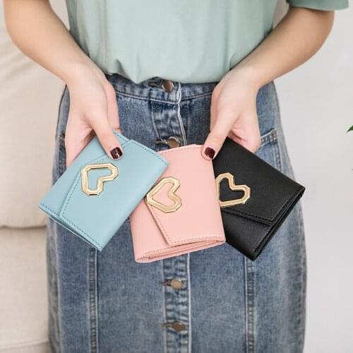 Soild Color Fashion Women Coin Purse Leather Solid Color Vintage Short Wallet Heart Hasp Ladies Girls Card Holder Clutch Bag