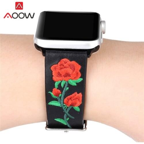 Genuine Leather Strap for Apple Watch iwatch 6 5 4 3 2 1 SE 38mm 42mm 40mm 44mm Flower Embroidery Men Women Replacement Band