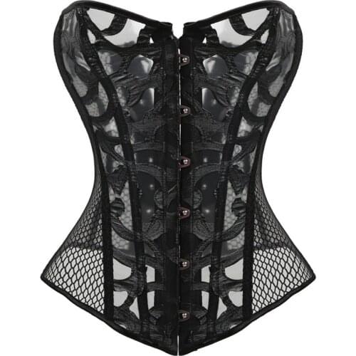 Sexy Mesh Corsets and Bustie Elastic Net Hollow Out Flowers Design Busk Closure Bustier Corset Body Shapewear Cincher Corselet