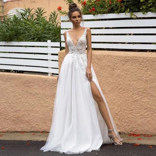 2019 Sexy Double V-neck Lace Bridal Dress Robe de Marriage Custom Made See Through Side Slit Boho Wedding Gowns