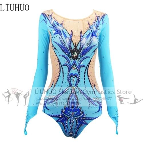Skyblue Skating Dress Girls Competition Rhythmic Gymnastics Tank Leotards blue Custom Ice Skating clothes Women Expensive wear