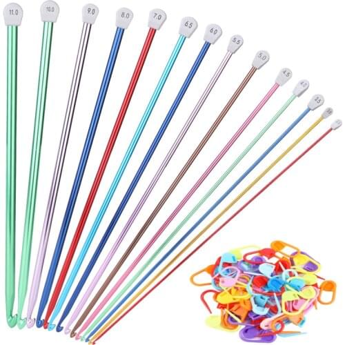 LMDZ Single Pointed Knitting Needles +50Pcs Locking Stitch Markers Straight Aluminum DIY Weaving Tool Long Sweater Scarf Needle