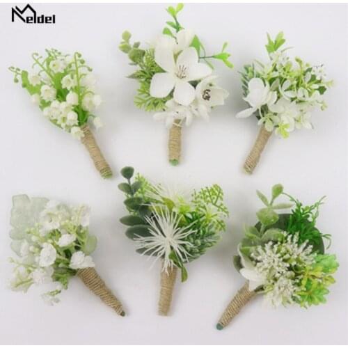 Meldel White Green Wrist Corsage Wedding Boutonniere Forest Style Girl Bracelet Orchid Lily of the Valley Wedding Boutonnieres