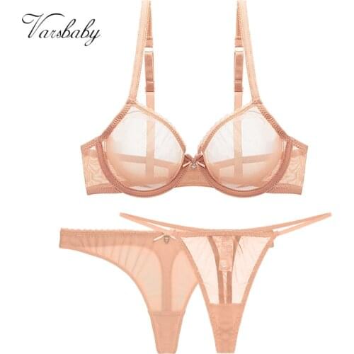 Varsbaby sexy lace unlined underwear set1 bra+2 panties solid transparent three quarters yarn thong plus size bra set