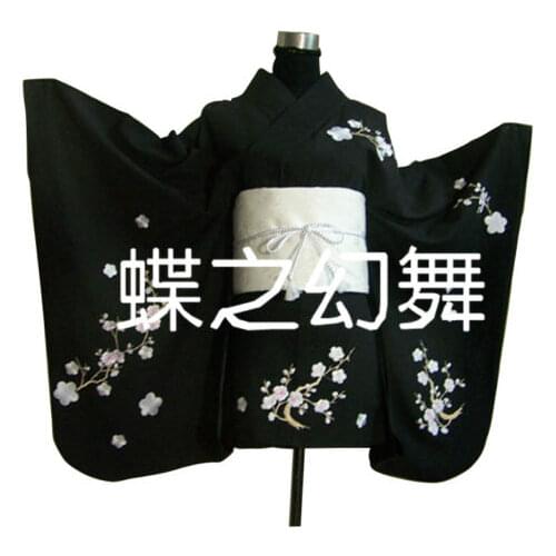 Japan Anime Floral Kimono Traditional Women black Short Furisode Cosplay Costume