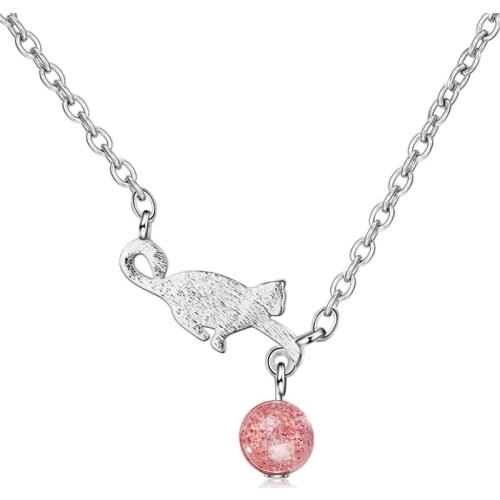 Cute Strawberry Crystal Cat Pendant For Women Necklaces Fashion Lady 925 Silver Chain On Neck Girls Charms Choker Accessories